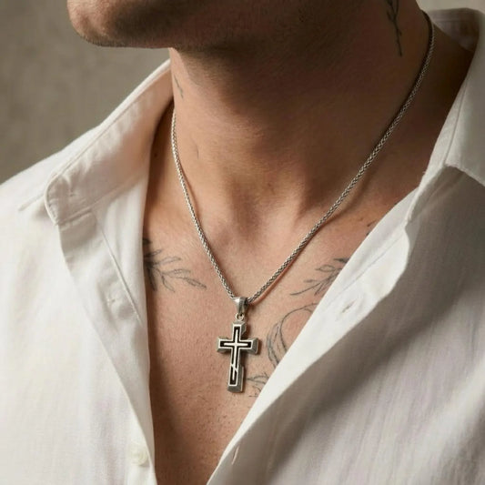 men's sterling silver cross pendant necklace with clean minimalist lines and oxidized detailing, a timeless piece of Christian jewelry perfect for everyday wear and special occasions