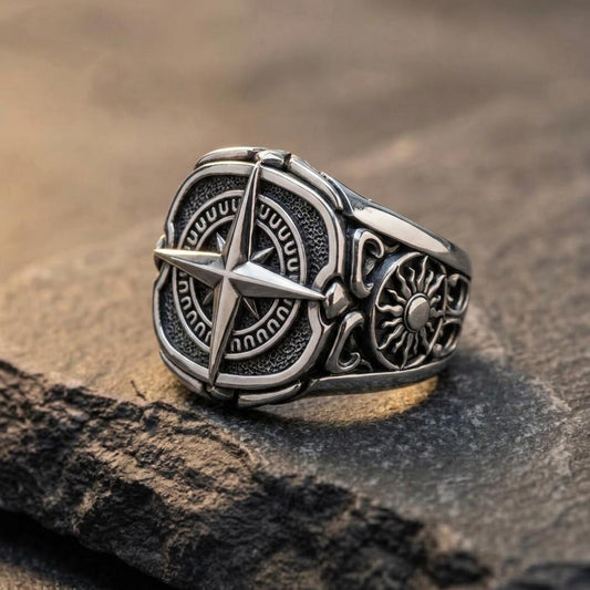 Handmade Sterling Silver North Star Compass Ring for Men Featuring Nautical Maritime Navigation Design and Vintage Oxidized Finish