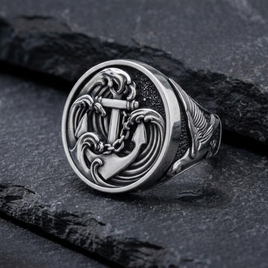 Men's Sterling Silver Nautical Anchor Ring handcrafted with a unique swallow design, vintage maritime details, and oxidized finish for timeless sailor inspired style.