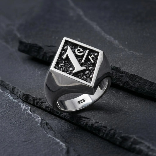 One Percenter Moto Biker Skull Ring handcrafted from solid 925 sterling silver featuring a bold Gothic skull design with an oxidized finish for authentic biker style.