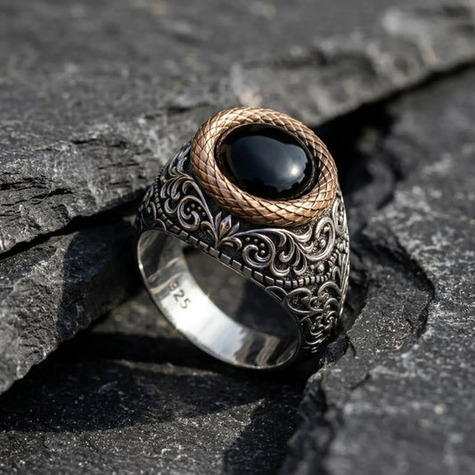 Handcrafted Victorian sterling silver black onyx signet ring for men featuring a genuine round black onyx cabochon gemstone with intricate vintage engravings.