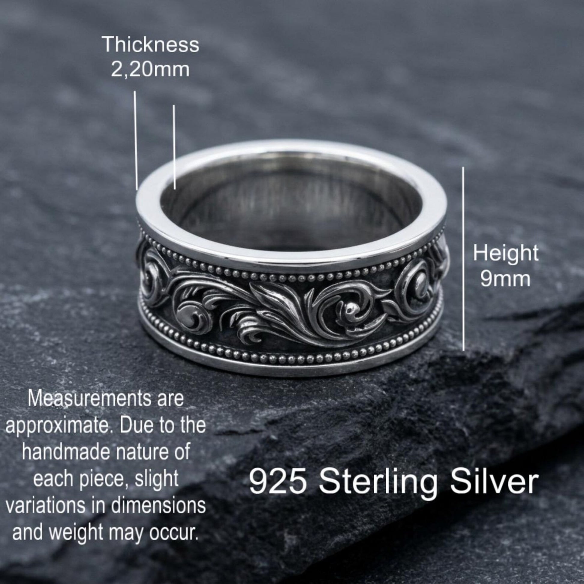 Royal Inspired Wedding Band Ring featuring detailed ornamental patterns and medieval symbolism, handcrafted from premium 925 sterling silver for lasting durability.