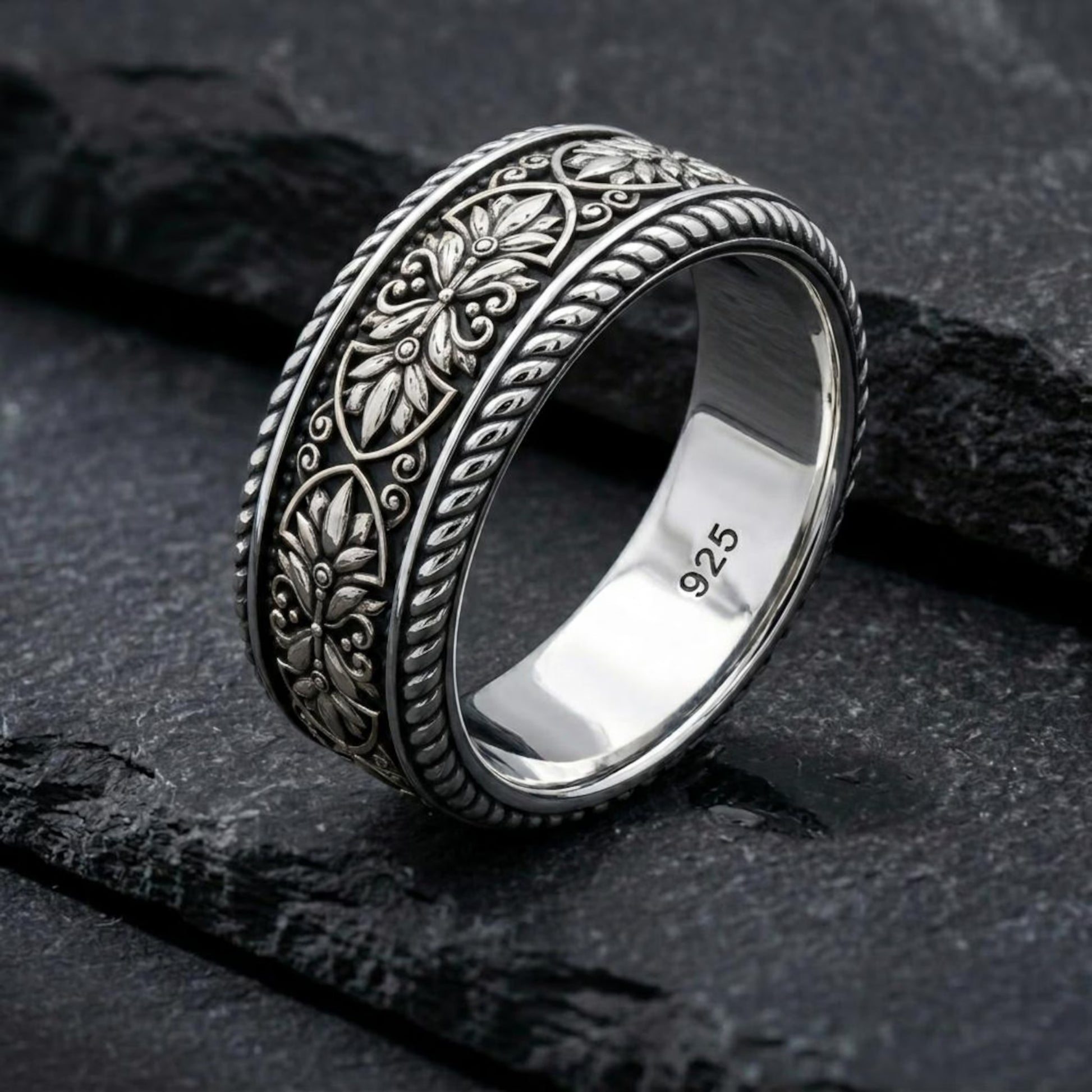 Timeless Sterling Silver Wedding Band featuring elegant vintage-inspired styling, handcrafted artisan quality, and a refined heirloom-worthy appearance.
