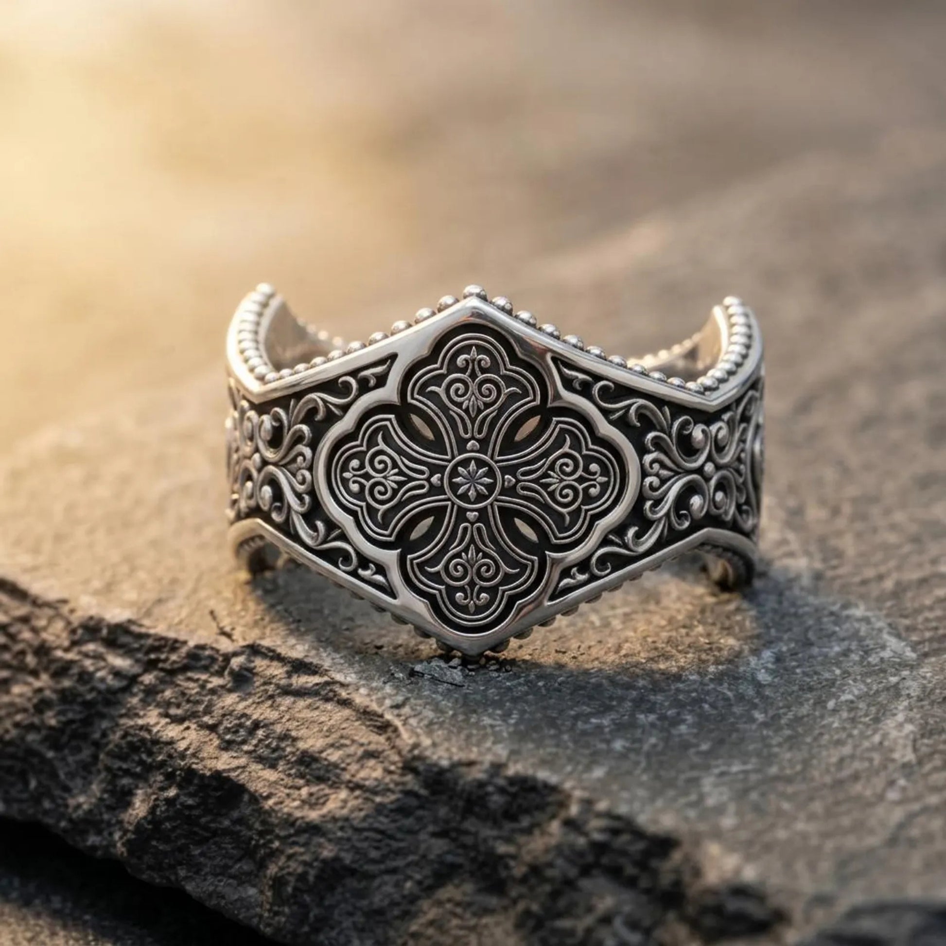 Handcrafted 925 sterling silver Gothic Cross band ring featuring intricate ornamental filigree engravings with an oxidized finish, inspired by medieval Christian architecture and timeless religious symbolism for men.
