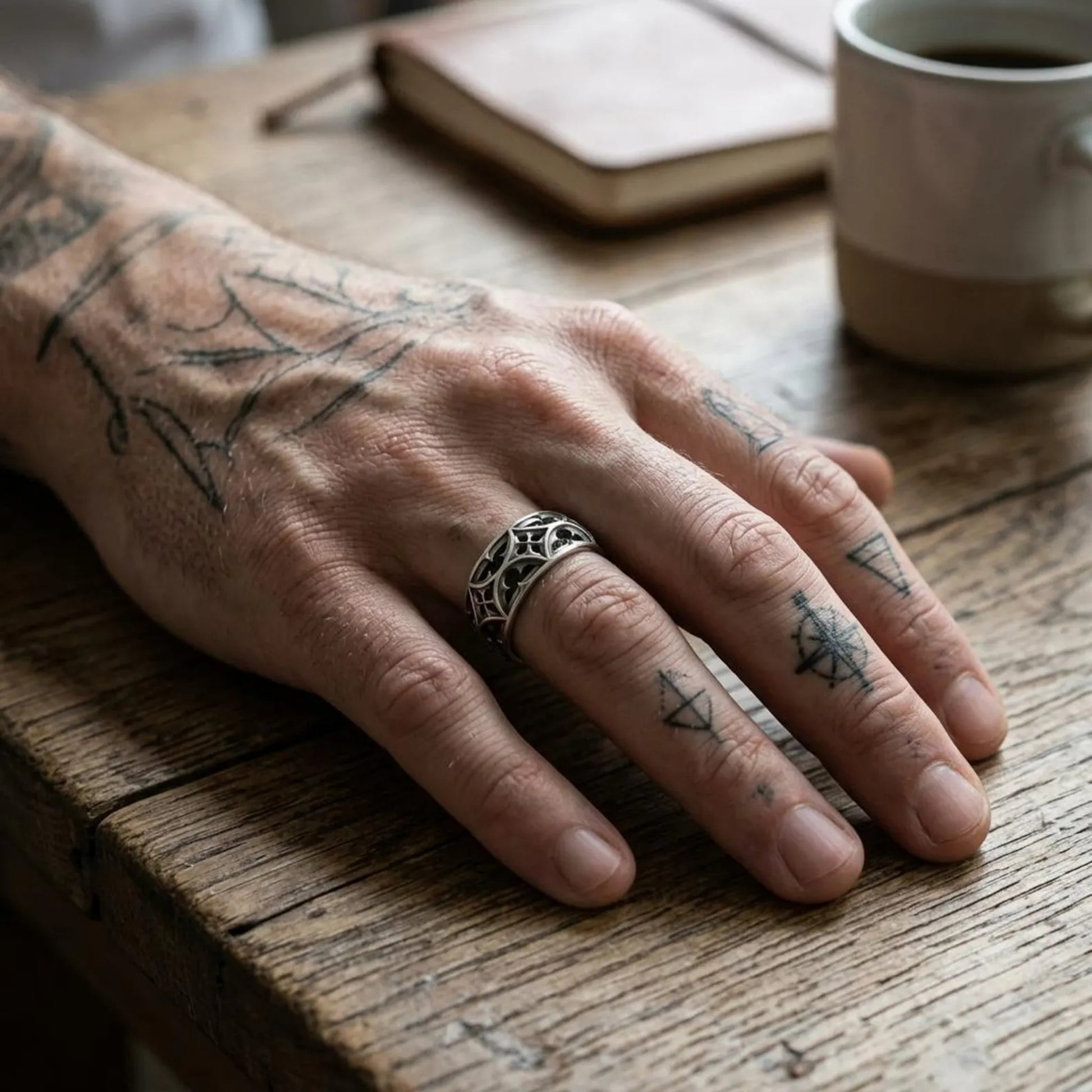 Handcrafted Medieval Wedding Band Ring made from high-quality 925 sterling silver with decorative Gothic motifs and a comfortable fit for everyday wear.
