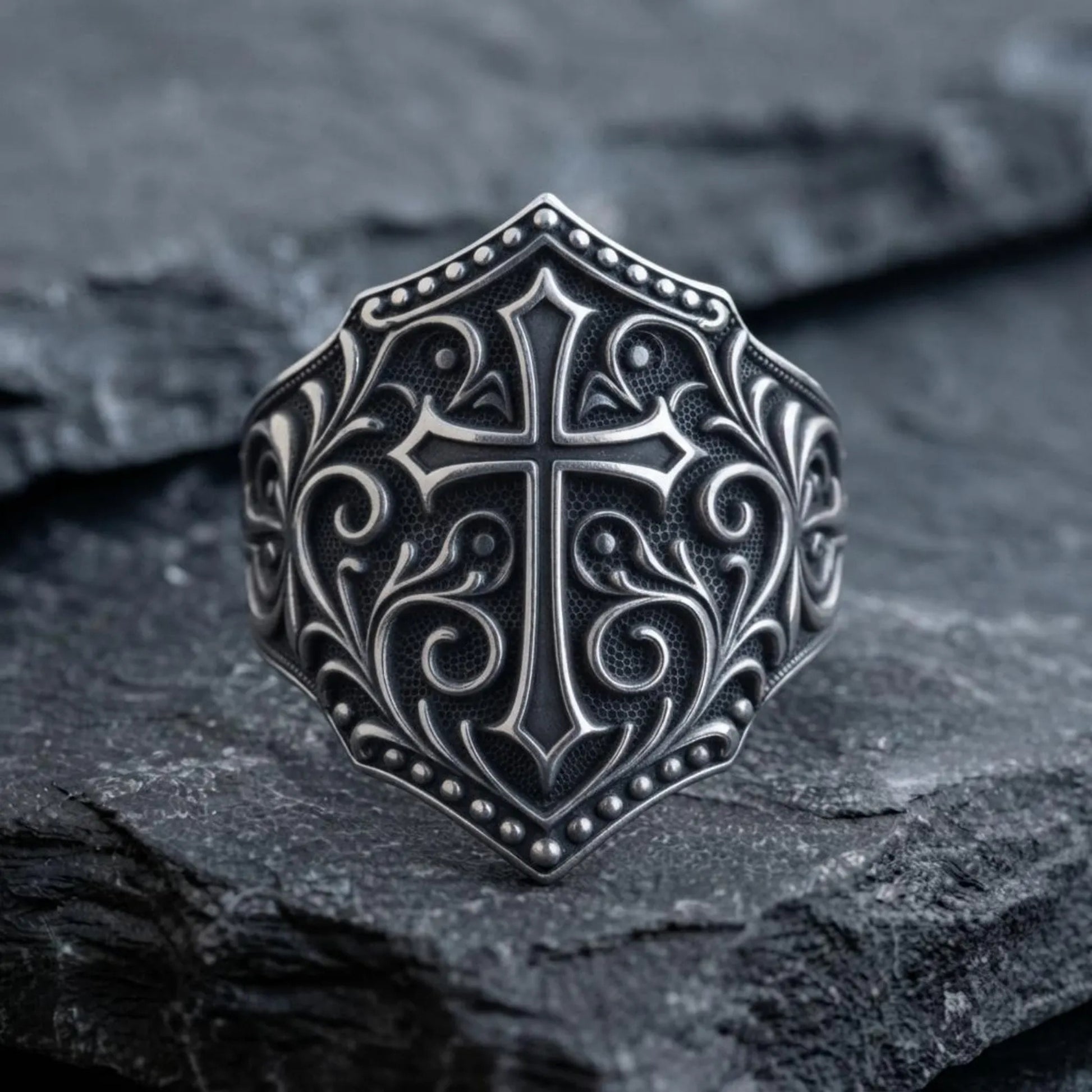 Unique Victorian Gothic Cross Shield ring crafted from solid sterling silver, religious men's statement jewelry symbolizing faith, protection, courage, and unwavering spiritual strength.