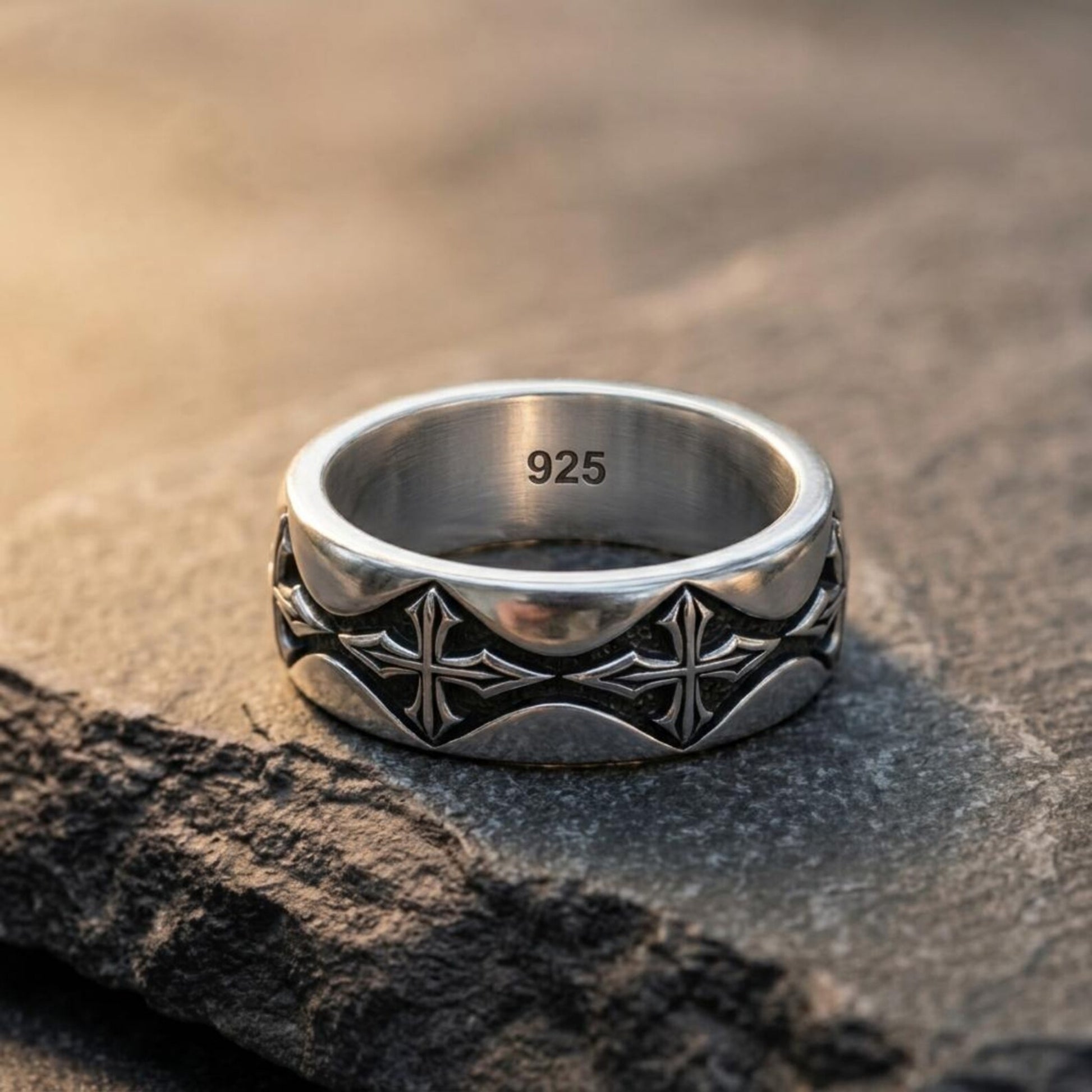 Men's Gothic Cross Ring made from high quality sterling silver, featuring a bold religious design perfect for Christian wedding bands and faith inspired jewelry.