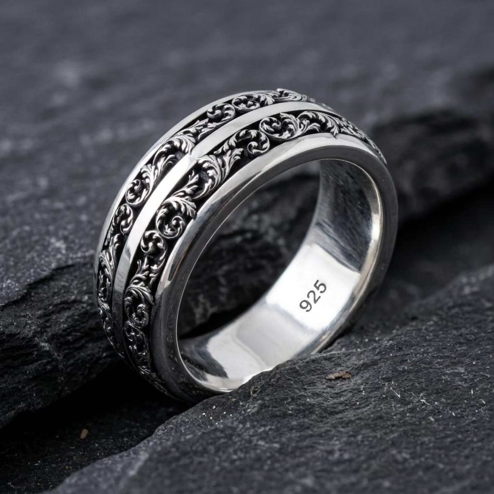 Handmade 925 Sterling Silver Vintage Ornate Band Ring featuring elegant Baroque double scroll engravings, handcrafted artisan details, and timeless antique-inspired craftsmanship.
