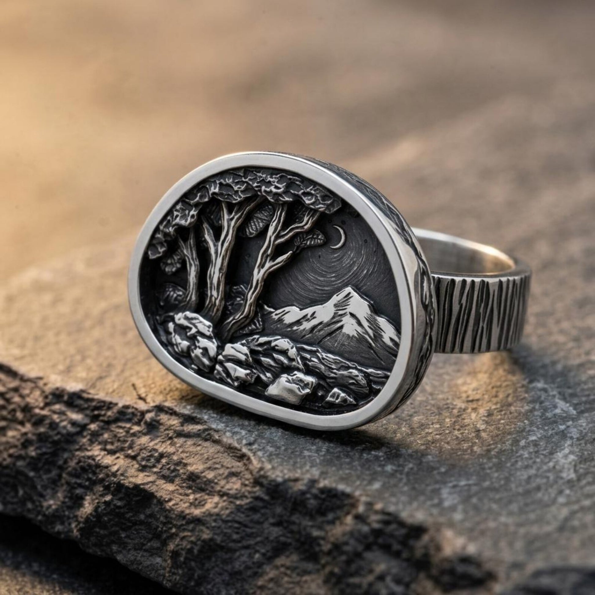 Handmade 925 Sterling Silver Nature Landscape Signet Ring featuring an intricately engraved mountain and forest scene, inspired by the beauty of the wilderness and handcrafted for nature lovers, hikers, and outdoor adventurers.