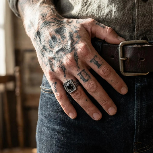 A powerful fusion of gothic elegance and bohemian soul, this sterling silver men's ring is centered with a polished black onyx gemstone, known for its grounding and protective properties. The richly textured band and antique-style oxidized finish add layers of depth and storytelling to this symbolic ring, making it a meaningful gift choice for men who embrace bold designs, handcrafted artistry, and timeless masculine style rooted in mystical symbolism.