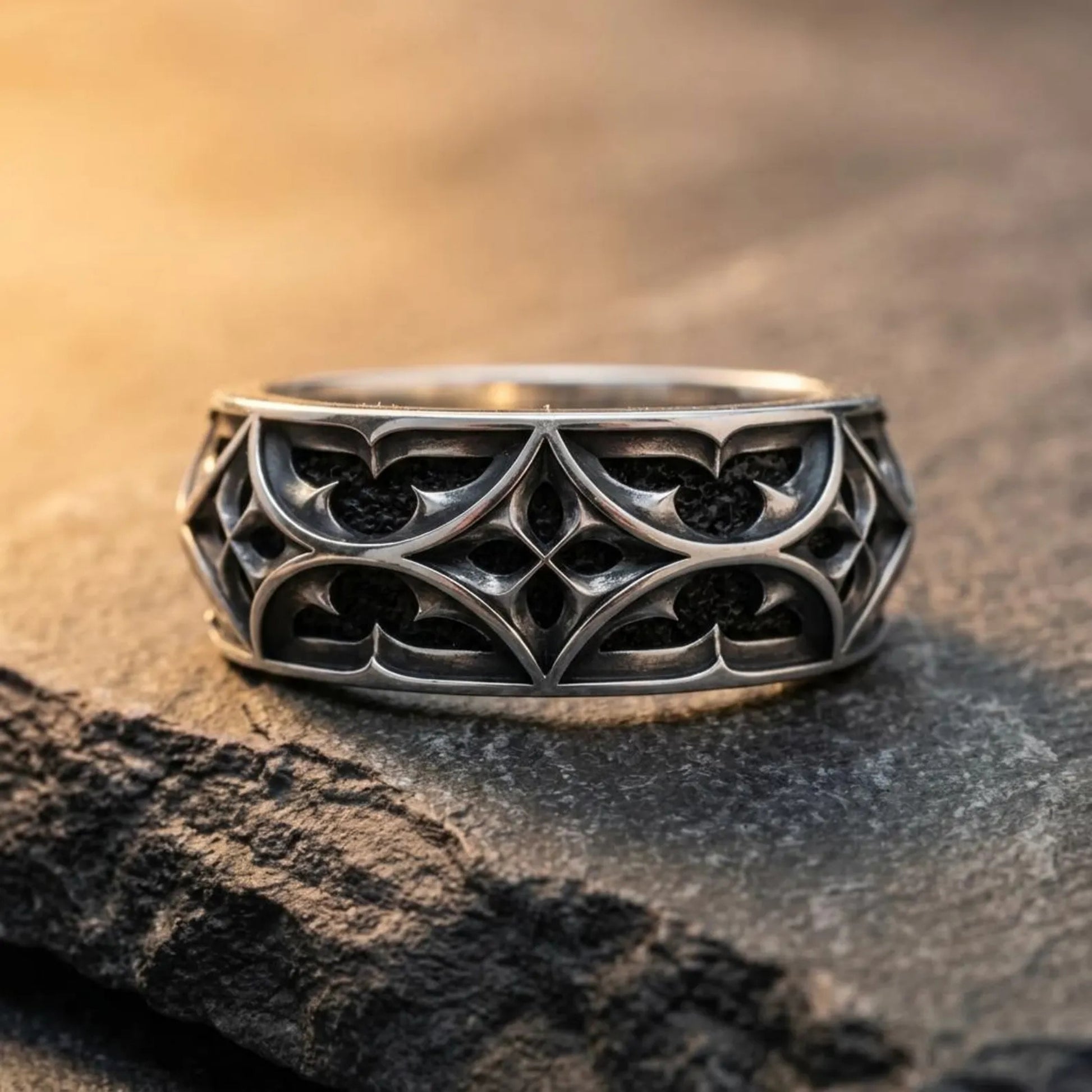 Handmade Gothic Ornament Band Ring crafted from solid 925 sterling silver featuring intricate medieval engravings and an oxidized vintage finish for a timeless Gothic look.