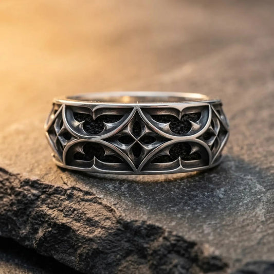 Handmade Gothic Ornament Band Ring crafted from solid 925 sterling silver featuring intricate medieval engravings and an oxidized vintage finish for a timeless Gothic look.