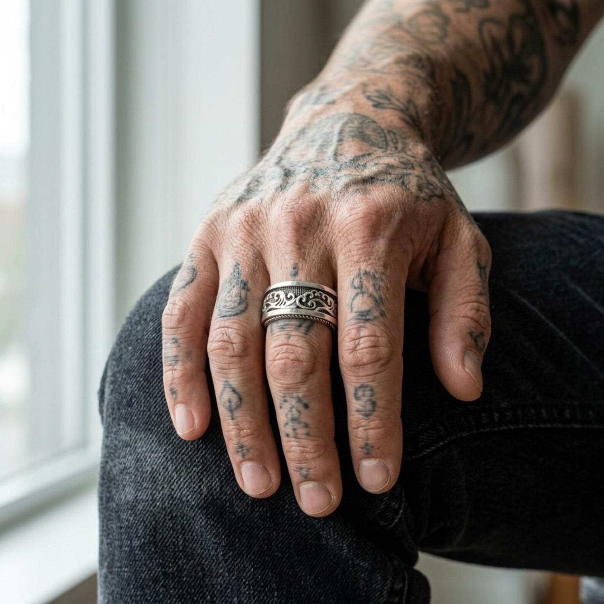 Ocean Inspired Wedding Band handcrafted in 925 sterling silver with detailed maritime engravings and an oxidized finish that highlights every wave.