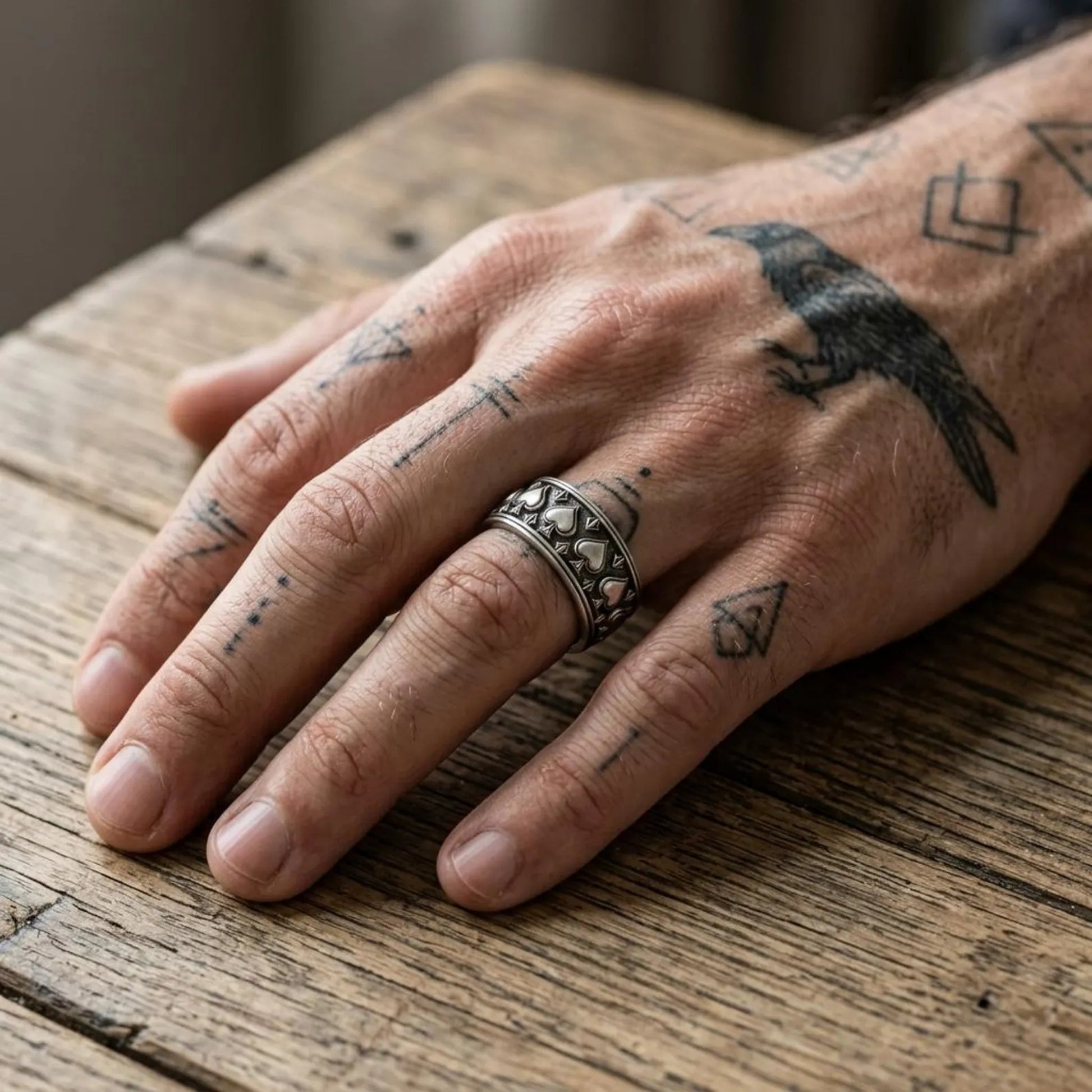 Unique Ace of Spades Wedding Band crafted from solid sterling silver with intricate Gothic ornament details, representing luck, confidence, freedom, and the spirit of fearless individuality.