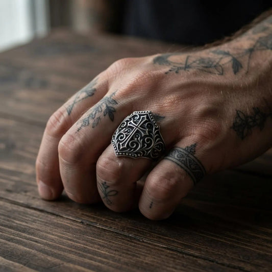 Sterling silver Victorian Cross Shield ring for men, handcrafted Christian signet jewelry with detailed Gothic ornamentation inspired by medieval knights, faith, and timeless masculine elegance.