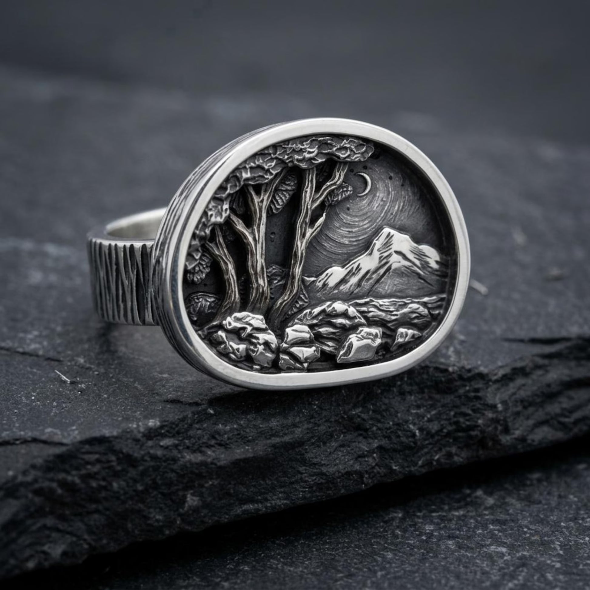 Mountain Landscape Ring handcrafted in premium 925 sterling silver, featuring a beautifully sculpted wilderness scene that symbolizes freedom, exploration, resilience, and a lifelong connection to nature.