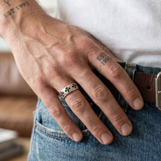 Men's Gothic Cross wedding ring with detailed cross engravings crafted from premium sterling silver and inspired by medieval religious heritage.