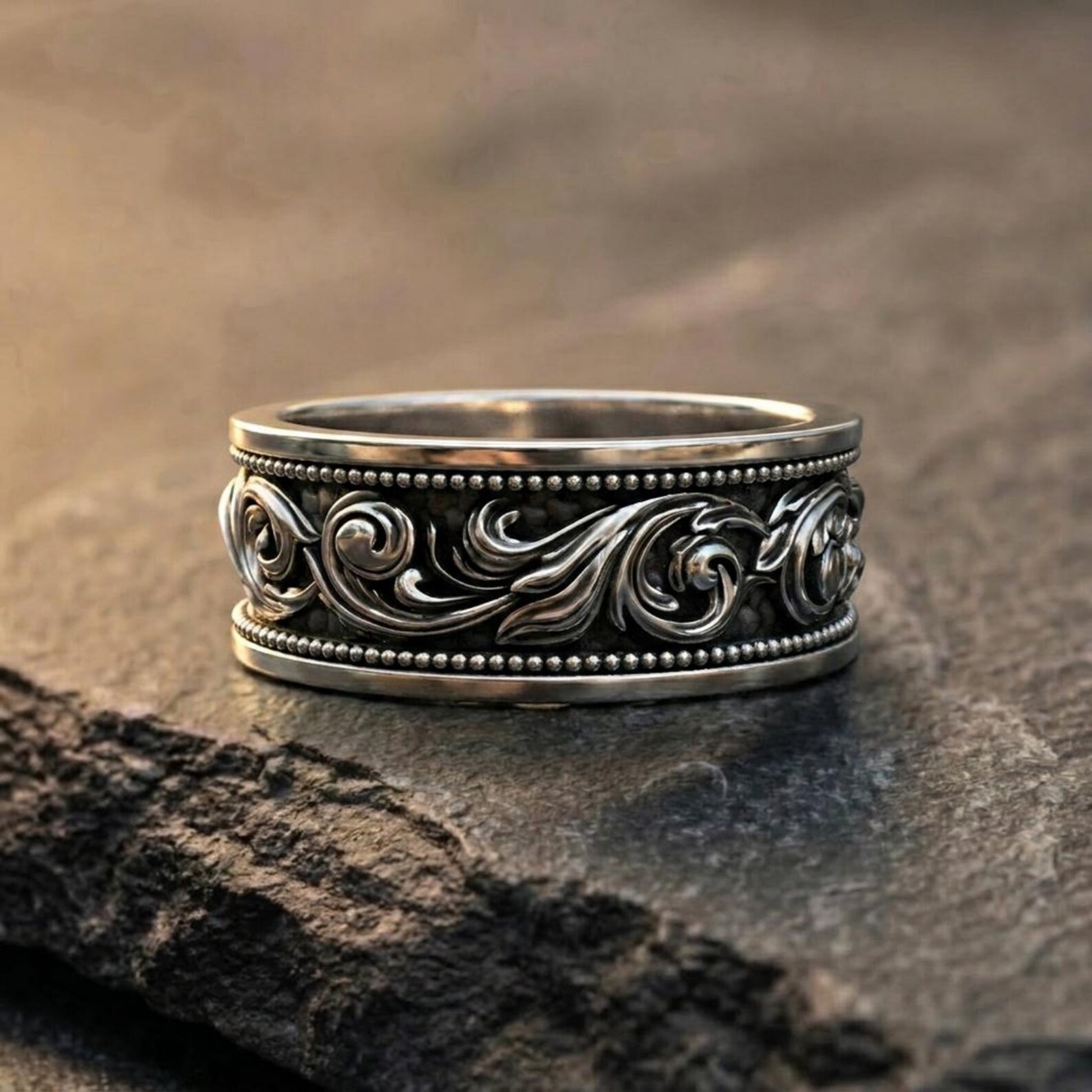 Handmade Vintage Baroque Heraldic Band Ring crafted from solid 925 sterling silver featuring intricate royal-inspired scrollwork, medieval ornament details, and an elegant oxidized finish.