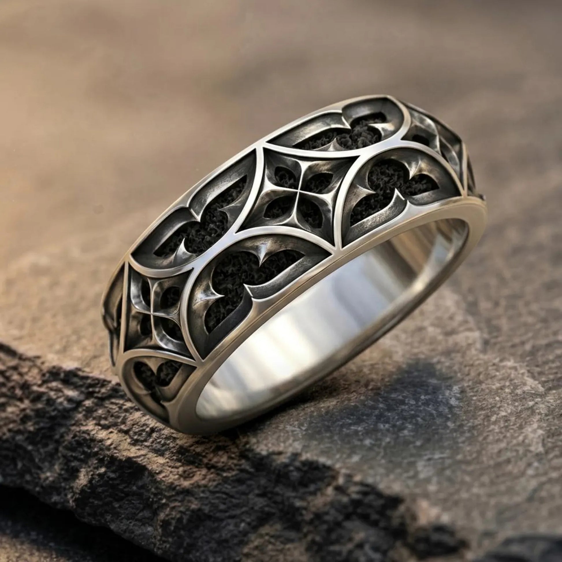 Sterling Silver Medieval Ring with intricate Gothic engravings, oxidized details, and a bold yet sophisticated design suitable for everyday and formal occasions.