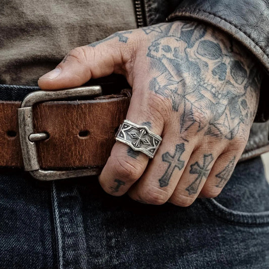 Mens Christian sterling silver band ring with gothic cross engraving and heraldic lily details, bold medieval style statement ring handmade from solid 925 silver