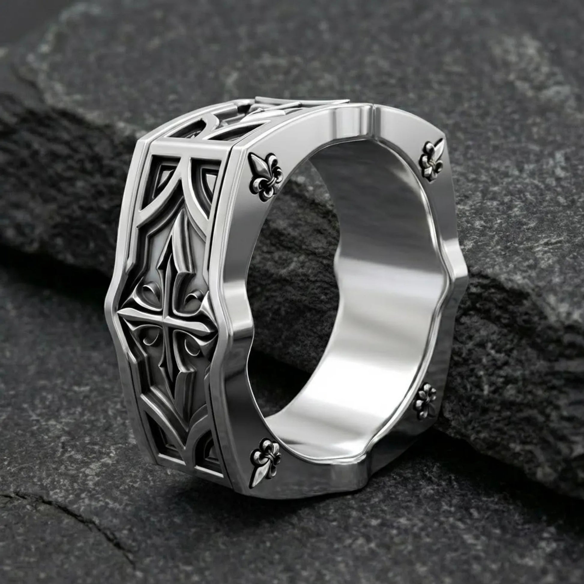 Religious sterling silver band ring for men with medieval gothic cross engravings and heraldic lily symbolism, handcrafted masculine Christian jewelry gift