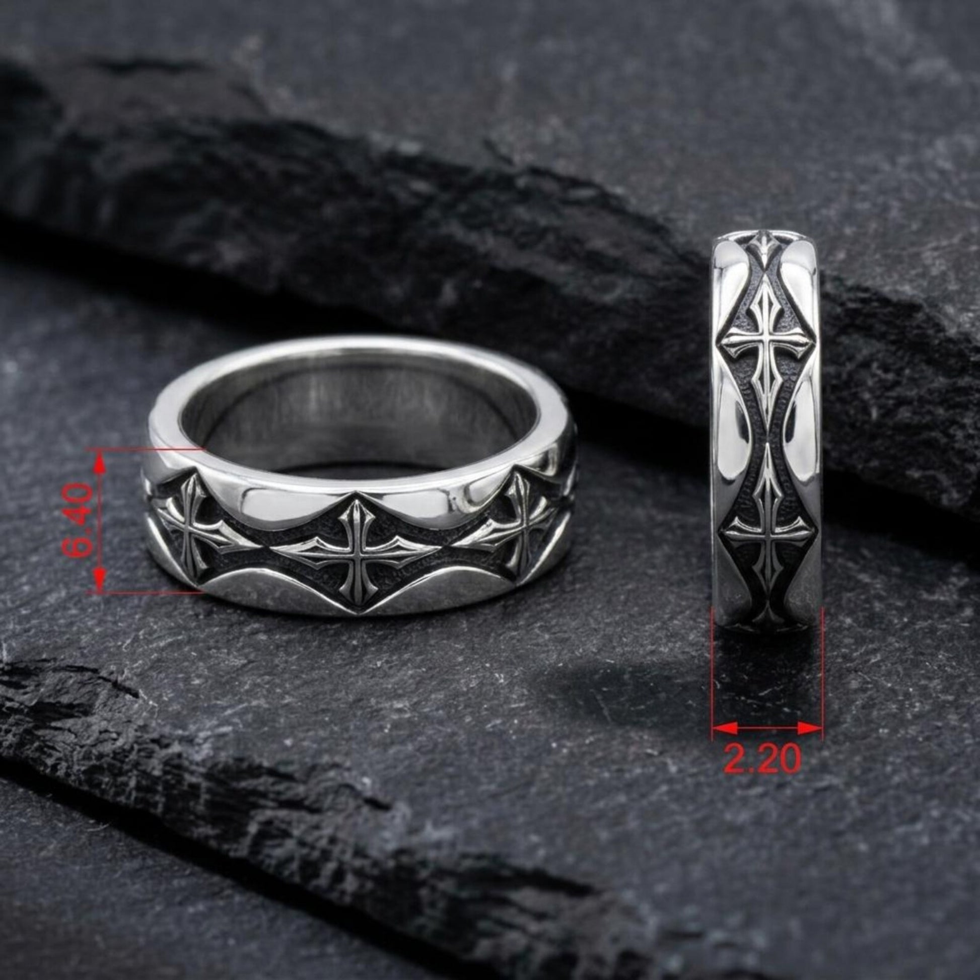 Sterling Silver Religious Wedding Band Ring featuring detailed Gothic Cross symbols, handcrafted with precision and finished with a refined matte texture.