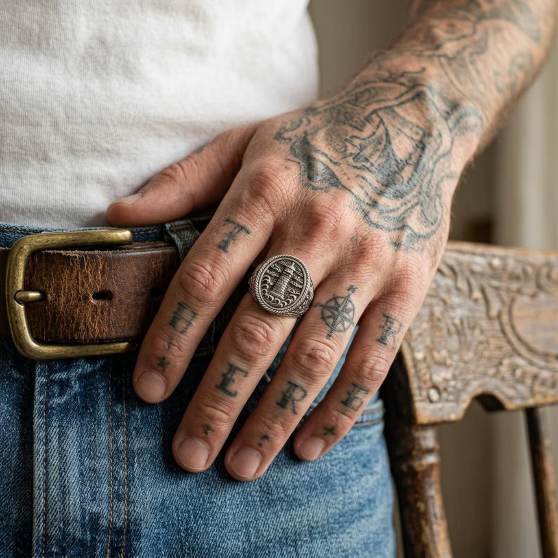 Handmade Coastal Ring featuring an intricately engraved lighthouse motif and solid sterling silver construction, perfect for sailors, surfers, and beach enthusiasts.