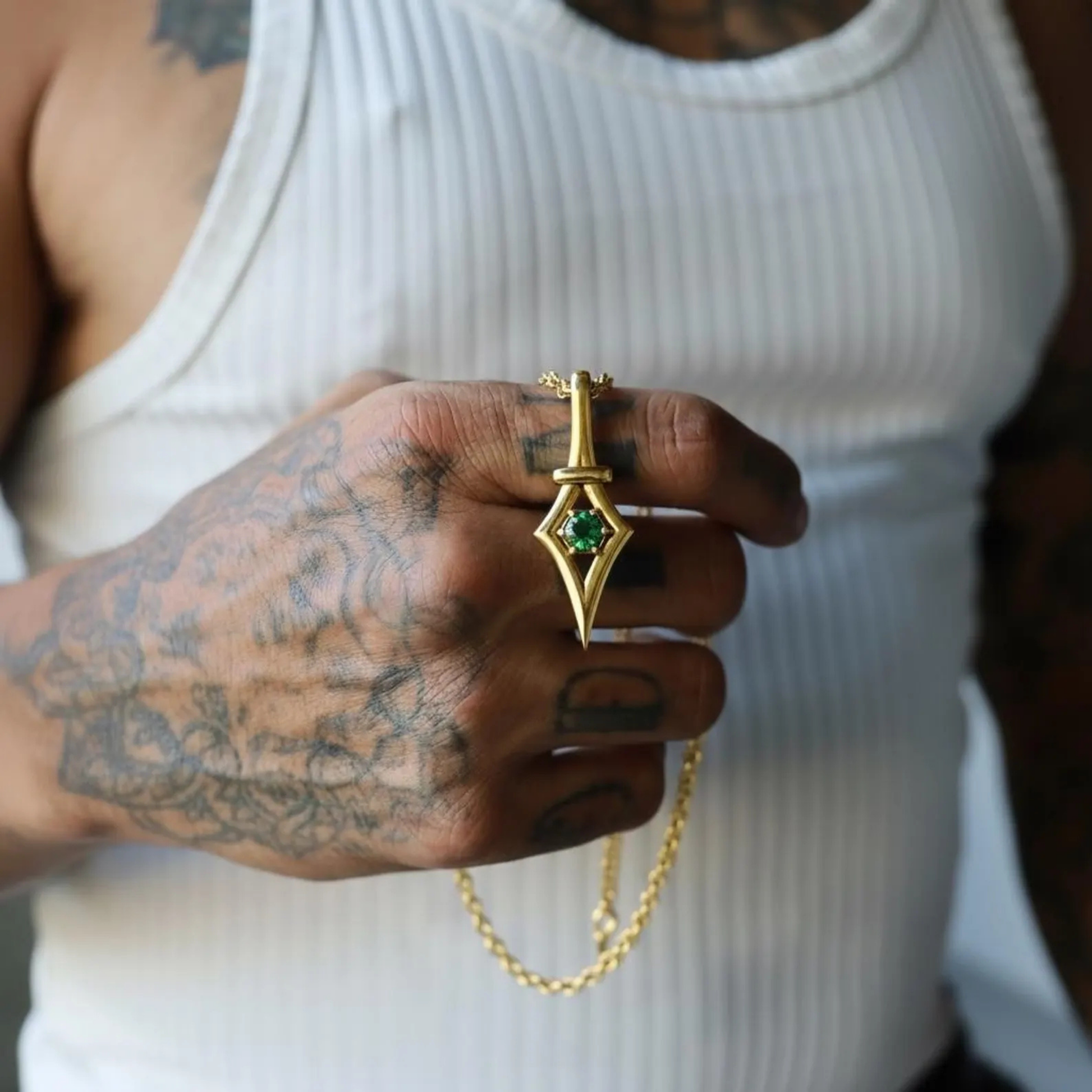 Handcrafted Victorian gothic emerald necklace featuring a 7mm emerald gemstone set in gold plated sterling silver pendant