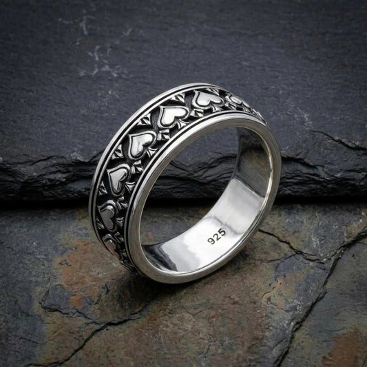 Handmade 925 Sterling Silver Ace of Spades Gothic Band Ring featuring detailed playing card symbolism, oxidized finishing, and bold craftsmanship inspired by poker culture and alternative Gothic jewelry.