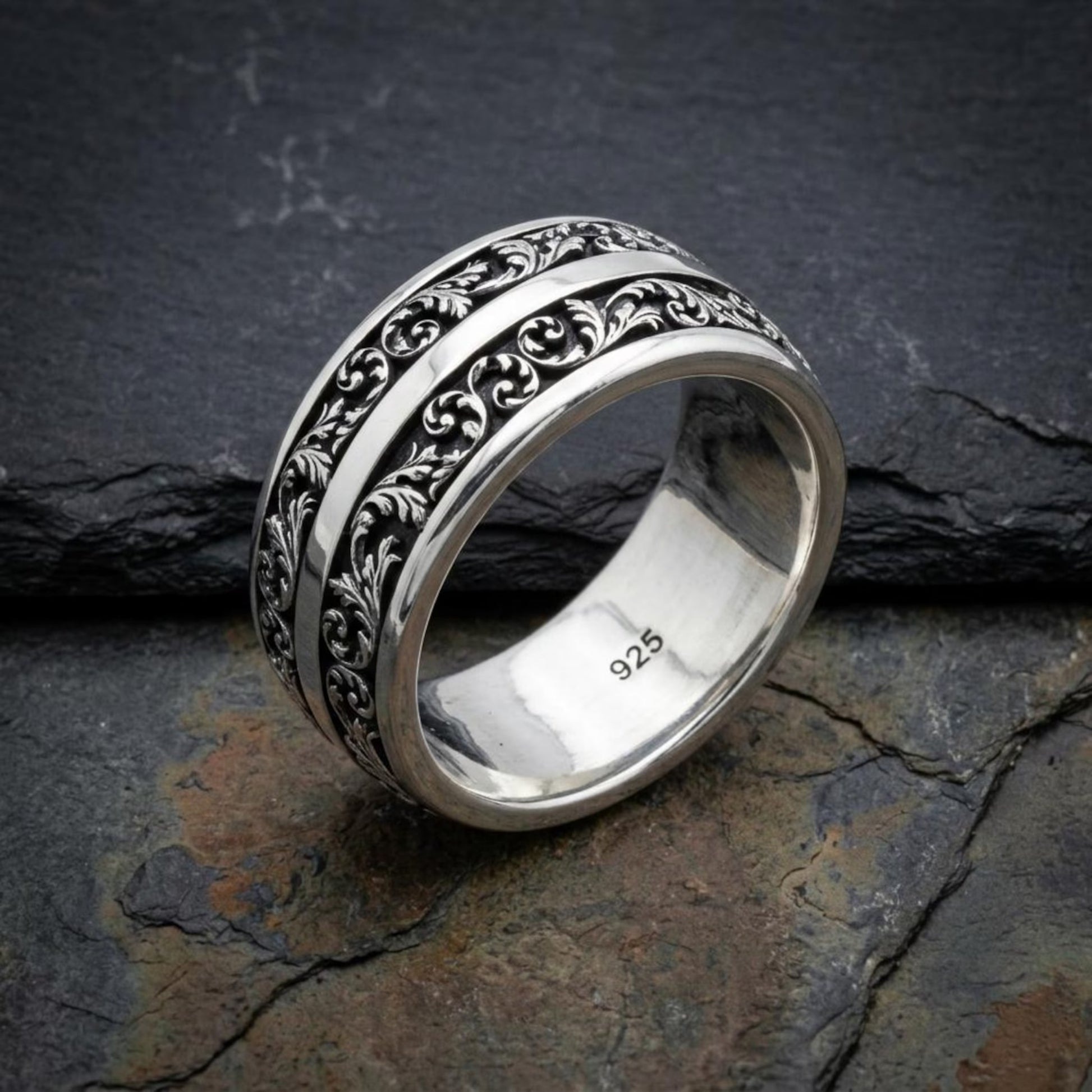 Handmade Double Scroll Wedding Band featuring antique-inspired decorative patterns and solid 925 sterling silver construction with a timeless vintage character.