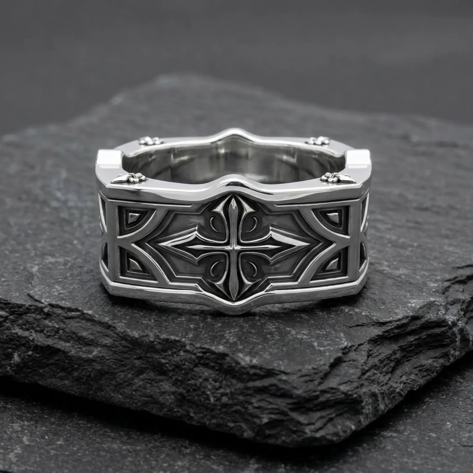 Handcrafted gothic sterling silver cross ring for men with fleur de lis heraldic pattern, religious Christian band ring with oxidized antique texture and masculine style