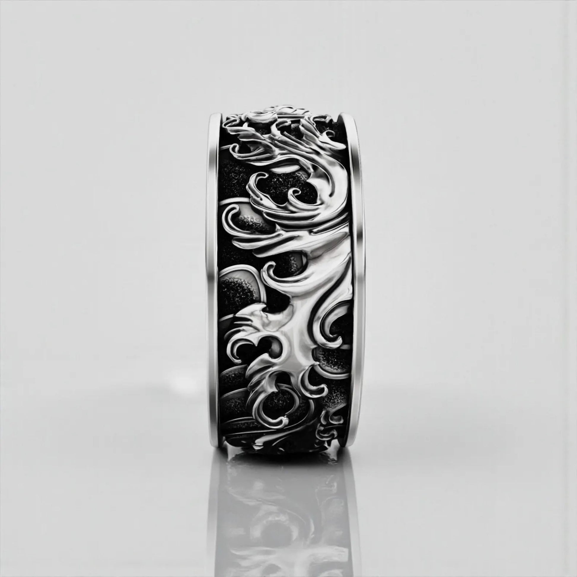 Handcrafted ocean waves ring for men inspired by maritime life, sterling silver band ring with sea symbolism