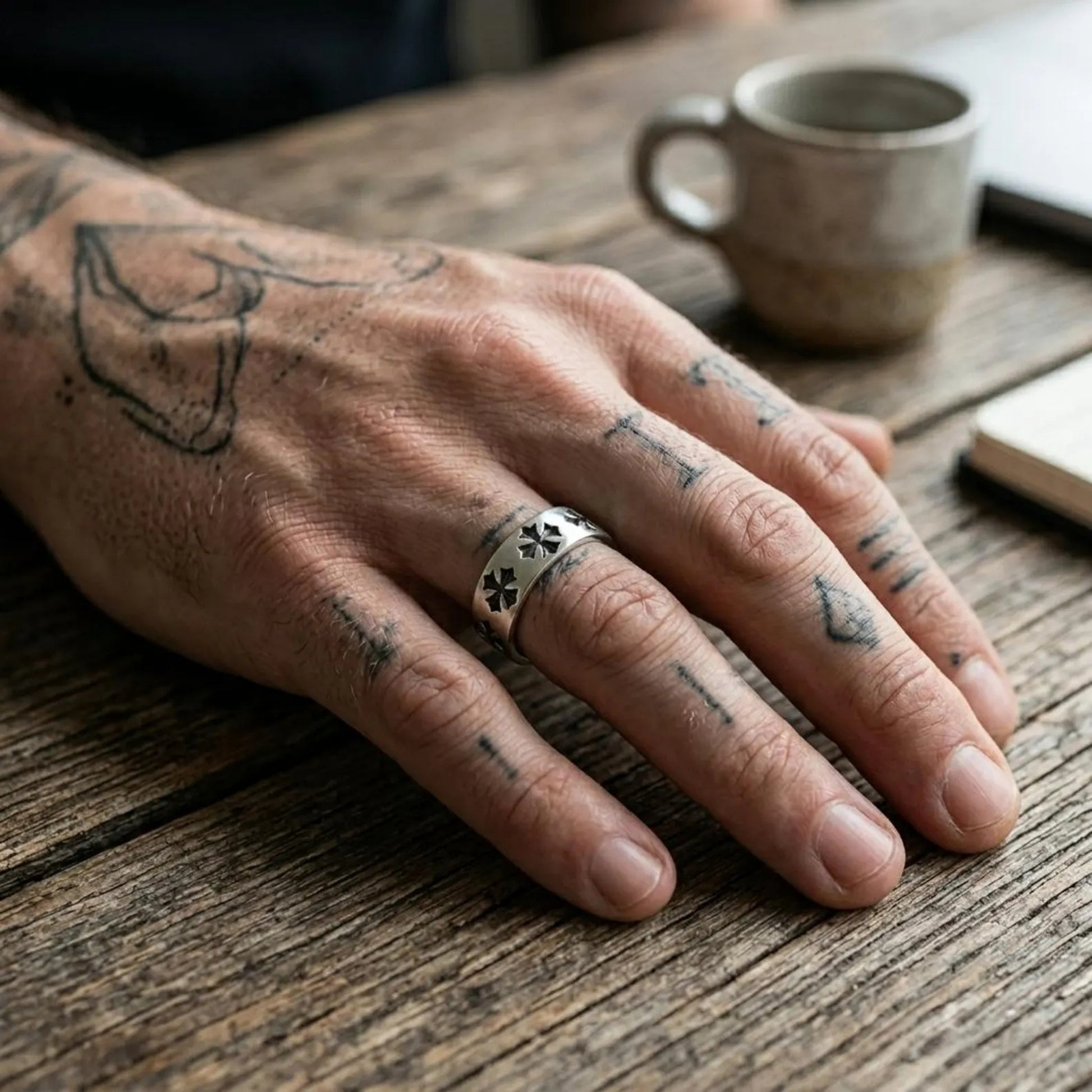 Medieval sterling silver wedding ring featuring Gothic Cross details and handcrafted masculine design for faith inspired jewelry lovers.