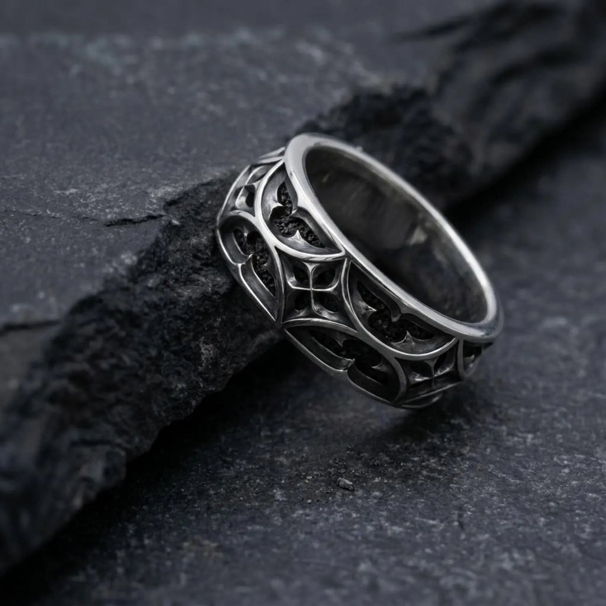 Handmade Gothic Jewelry Ring inspired by cathedral carvings and medieval decorative art, crafted from solid sterling silver with exceptional attention to detail.
