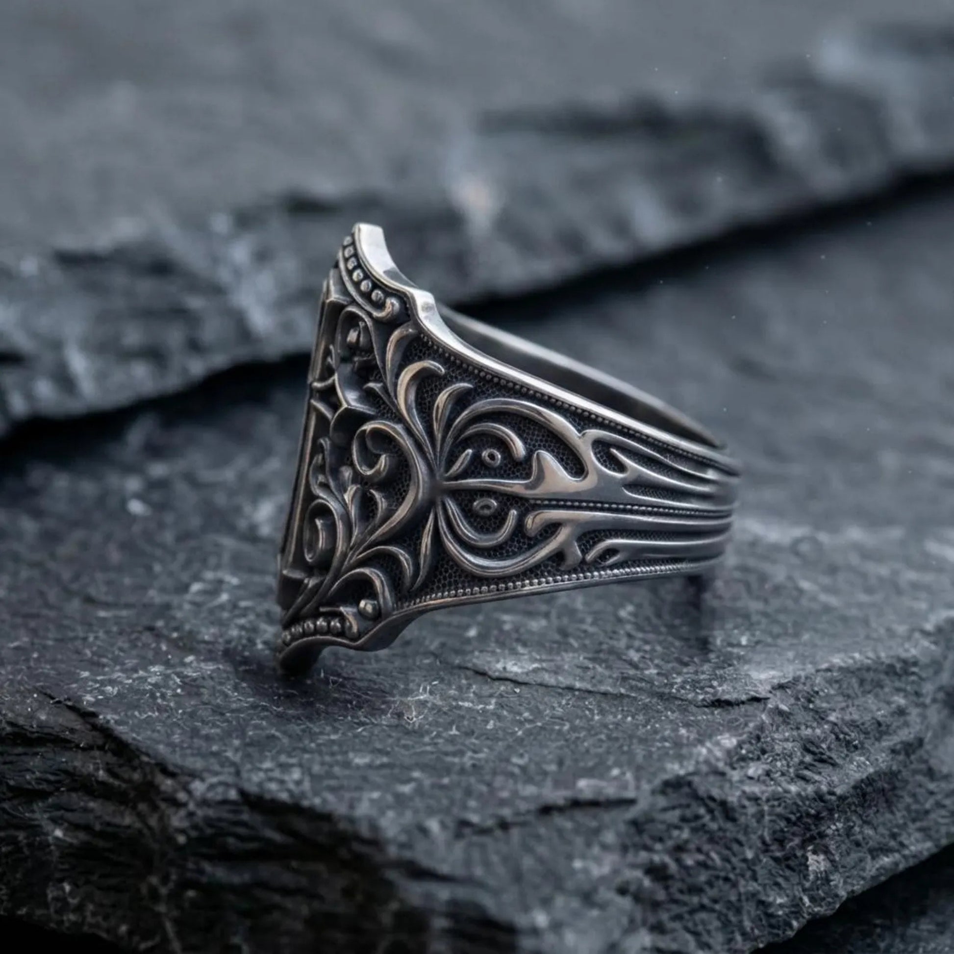 Sterling silver Victorian Gothic shield ring for men featuring an engraved Christian cross, handcrafted statement jewelry combining medieval elegance, religious symbolism, and exceptional craftsmanship.