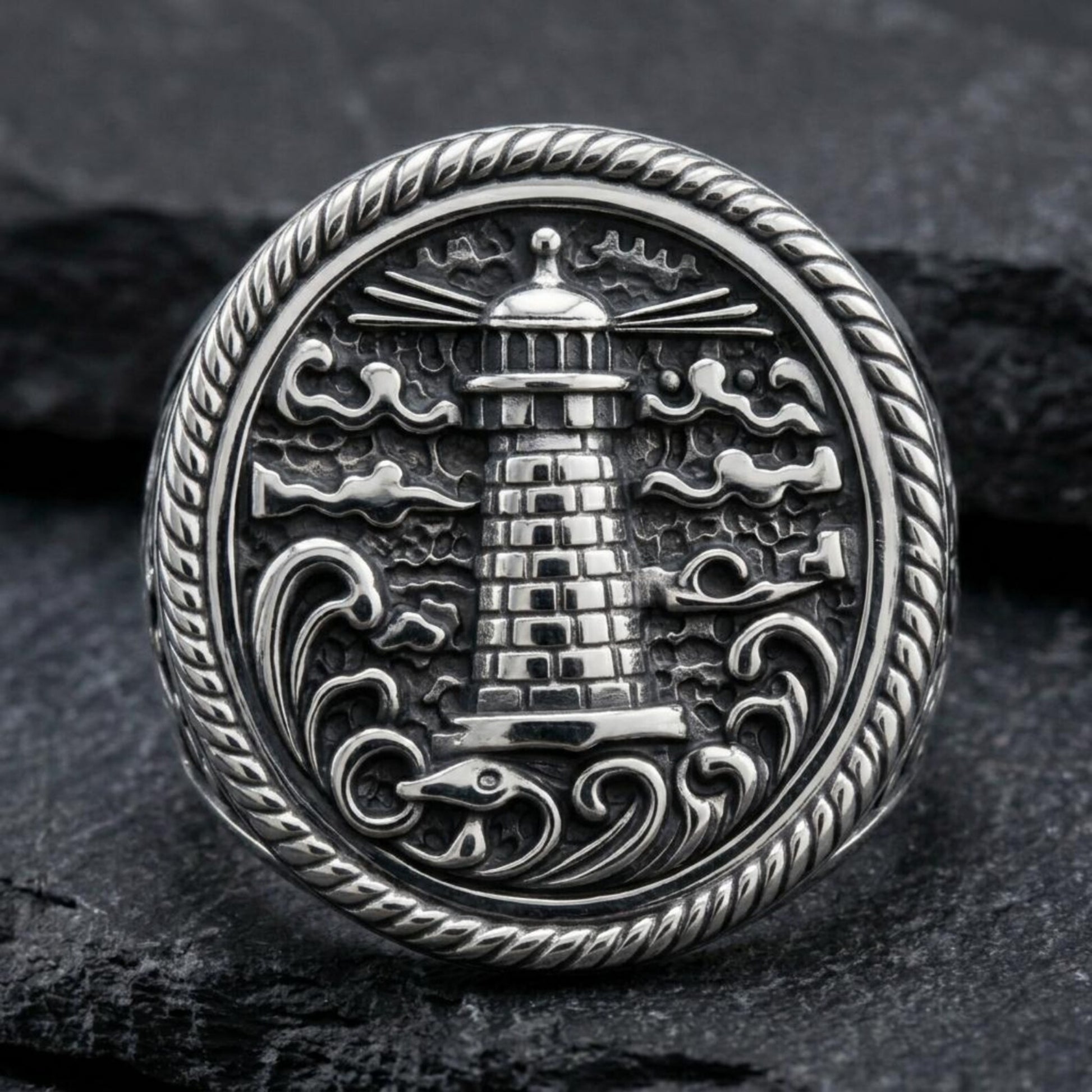 Symbolic Lighthouse Ring representing hope, perseverance, and safe return, handcrafted in sterling silver with detailed nautical artistry and timeless masculine elegance.