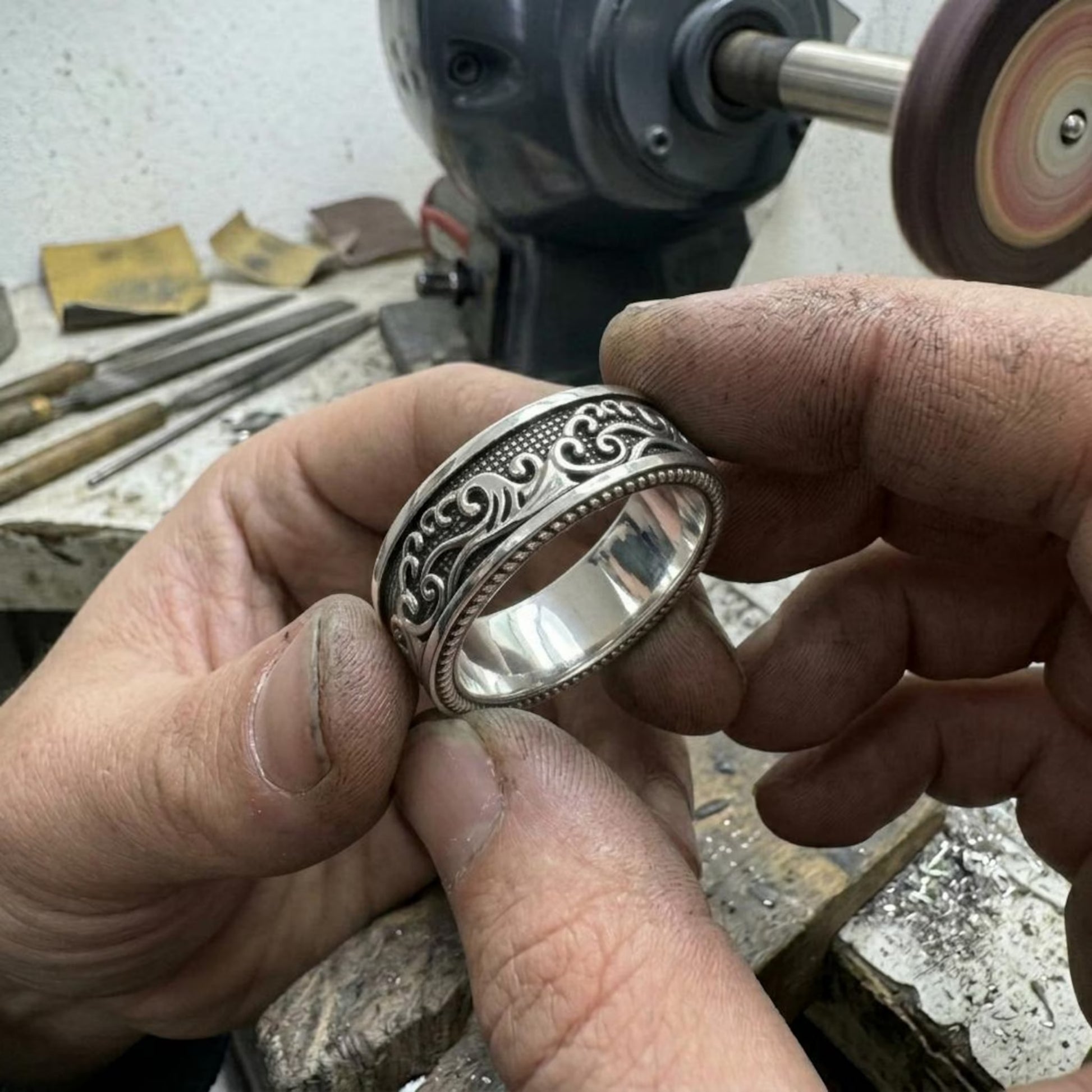 Sterling Silver Nautical Wedding Ring featuring detailed ocean engravings, artisan craftsmanship, and a comfortable fit for everyday wear and special occasions.