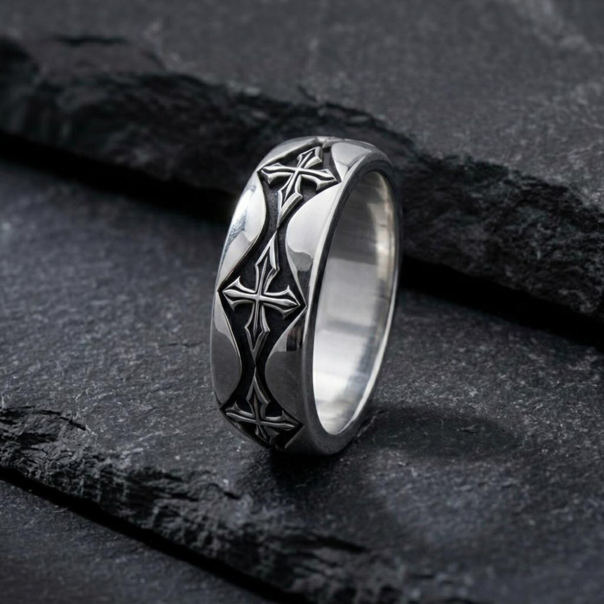 Custom engraved Gothic Cross Wedding Band Ring made from genuine 925 sterling silver, a unique religious jewelry gift for anniversaries and special occasions.