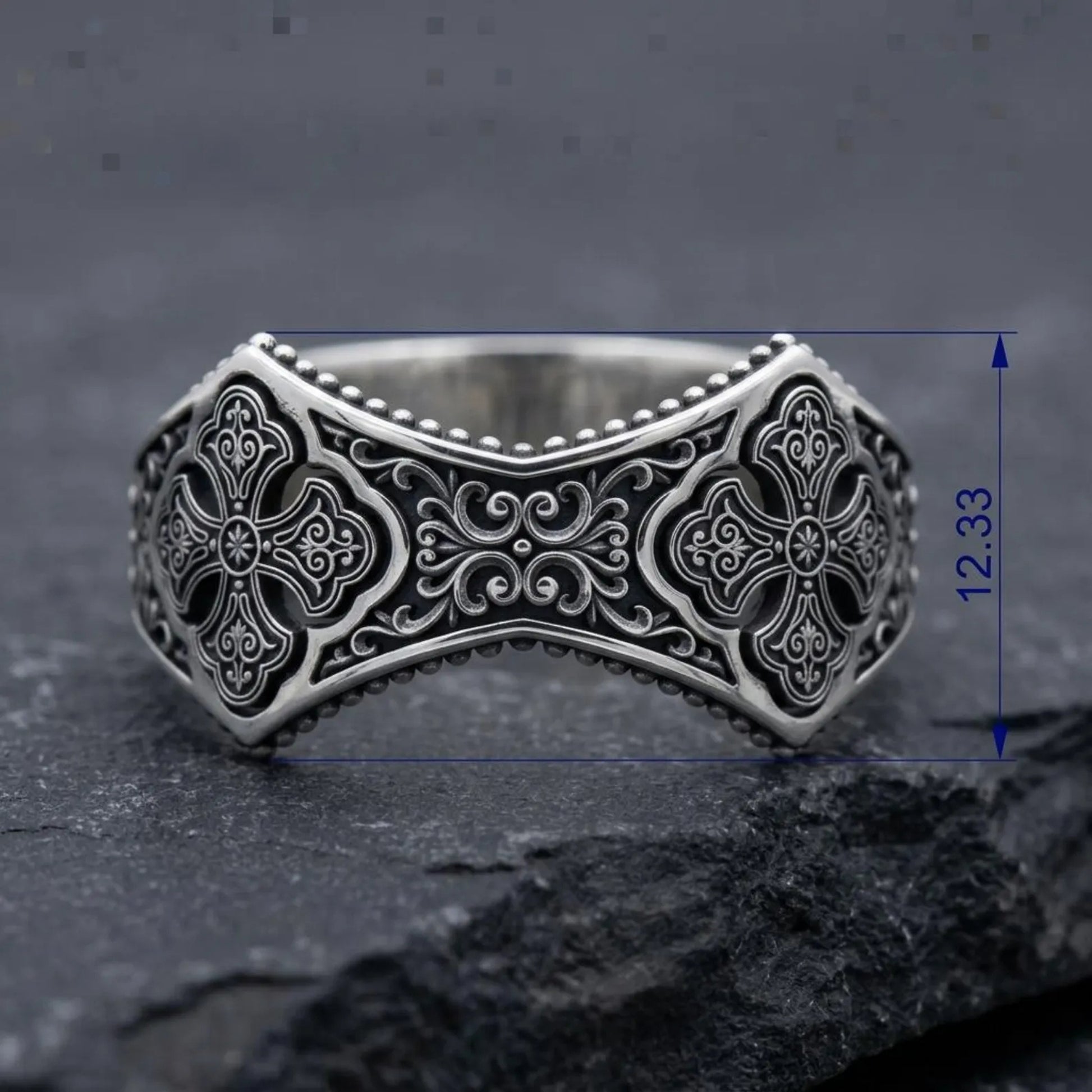 Solid sterling silver Gothic Christian band ring featuring repeating cross engravings and intricate filigree patterns, designed as a timeless wedding band, promise ring, or meaningful religious keepsake.