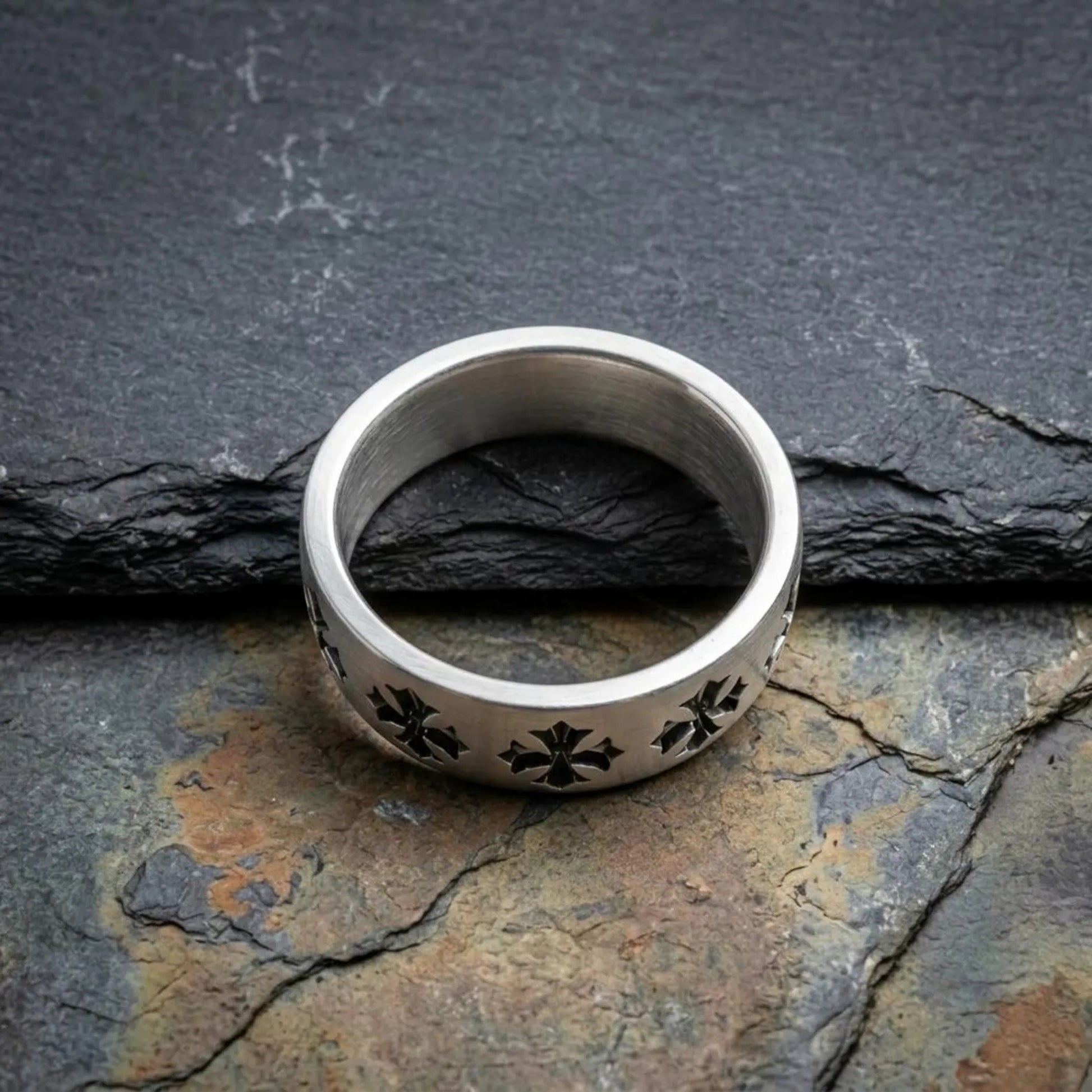 Unique Gothic Christian ring handcrafted for men featuring symbolic cross engravings and vintage medieval inspired details.