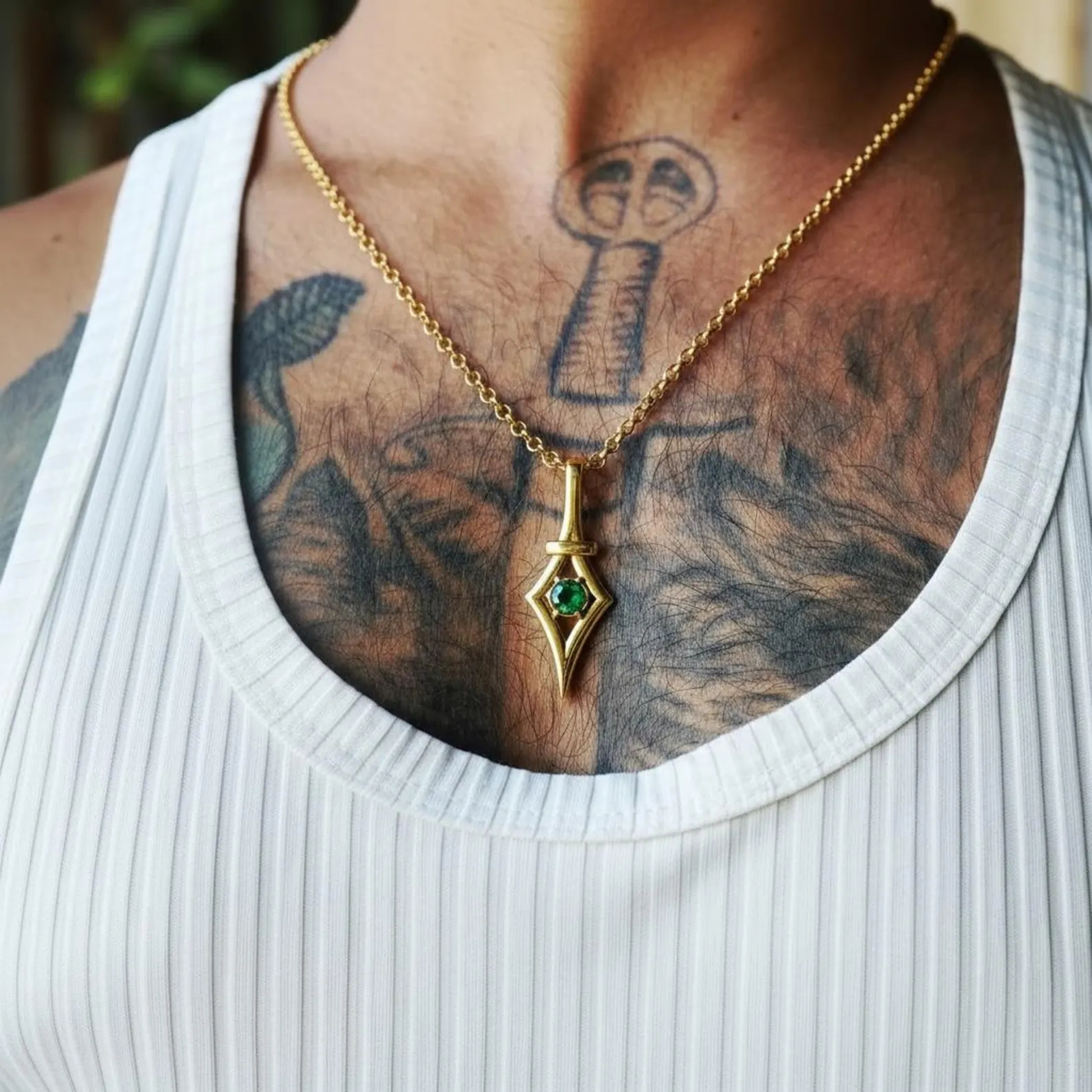 Gothic gold plated emerald gemstone pendant necklace with Victorian era details, handcrafted sterling silver birthstone jewelry