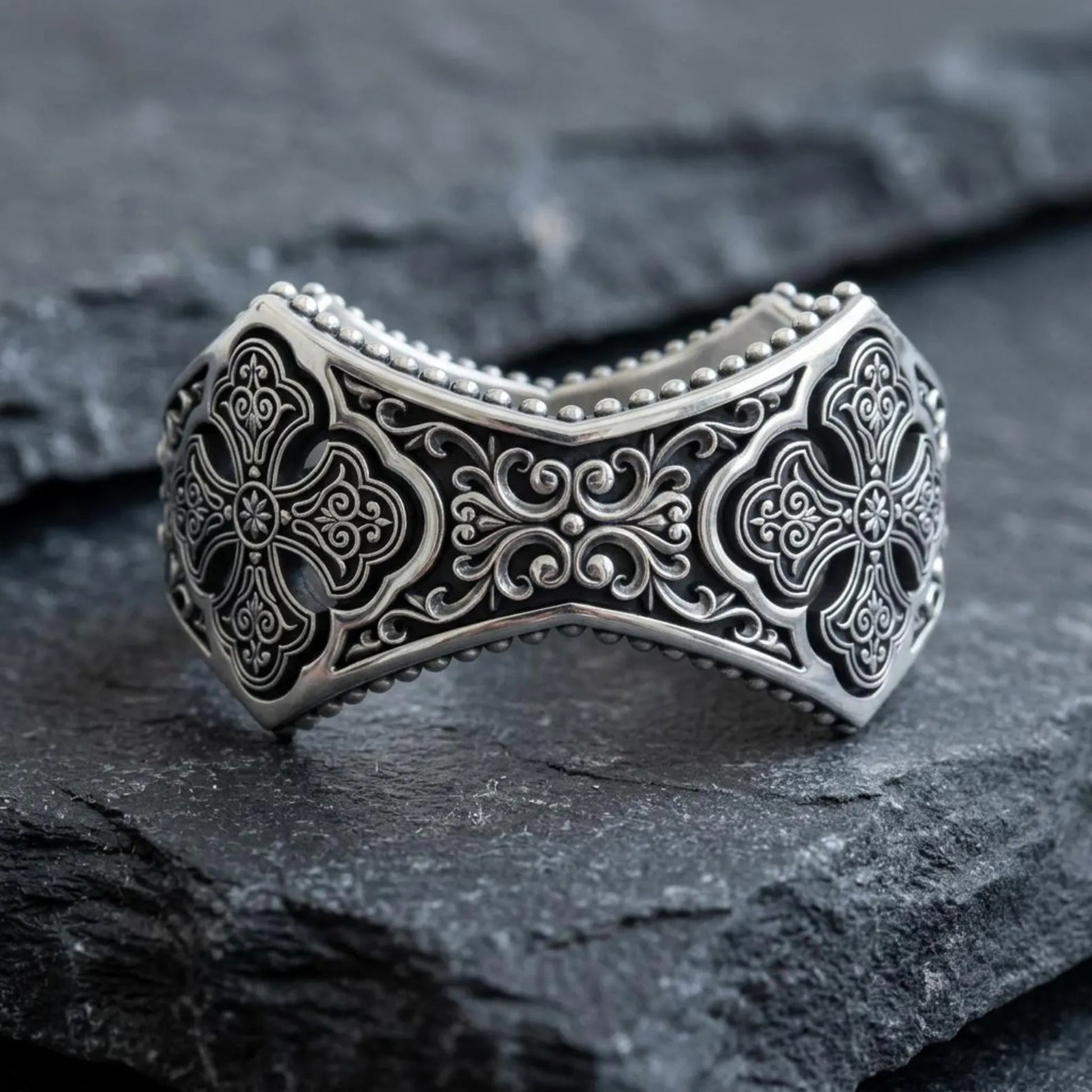 Detailed view of a 925 sterling silver Gothic Cross ring highlighting elegant engraved filigree patterns, antique-inspired oxidized finish, and handcrafted artisan quality for everyday wear.