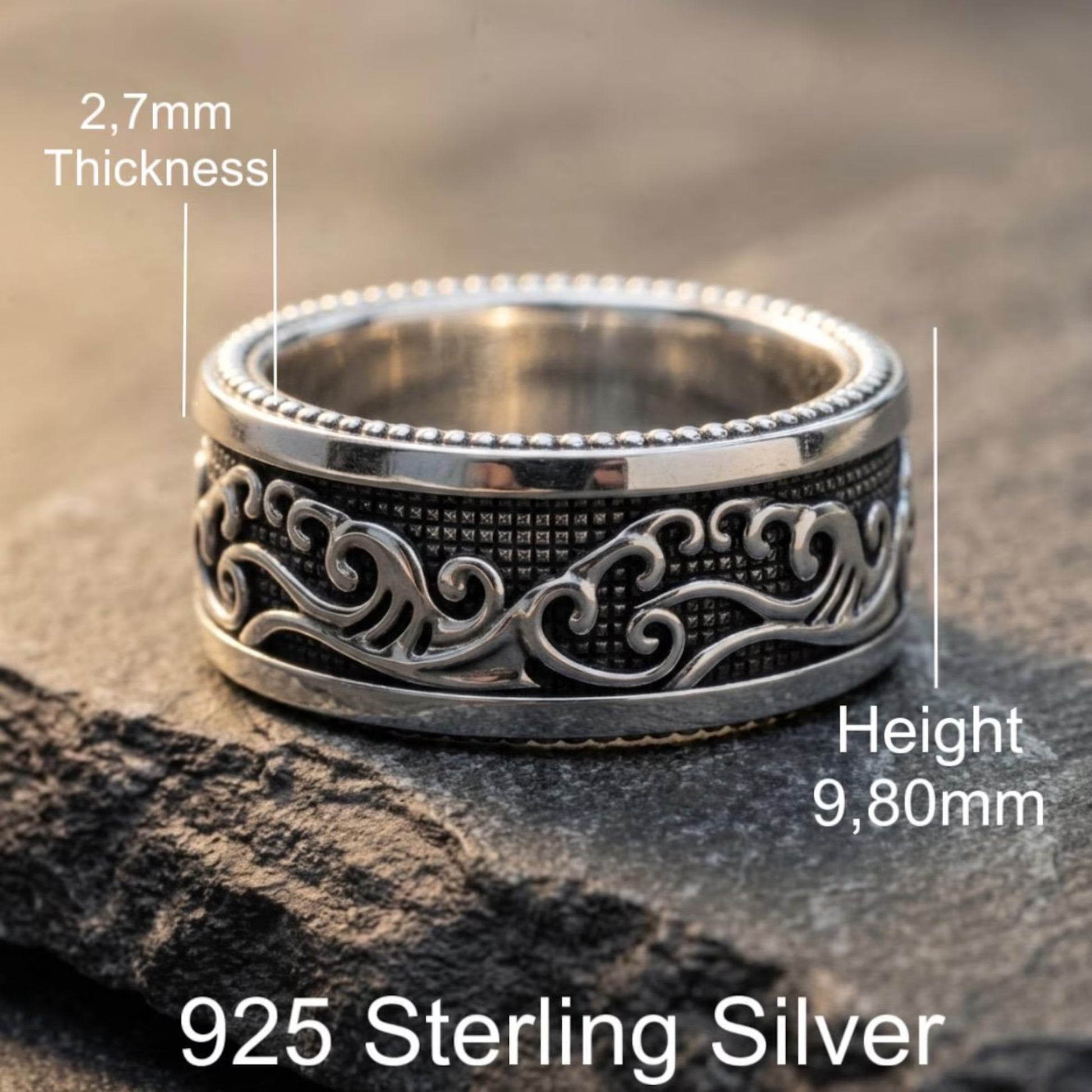 Ocean Waves Band Ring crafted from solid 925 sterling silver featuring detailed coastal motifs and a timeless design inspired by the power and beauty of the sea.