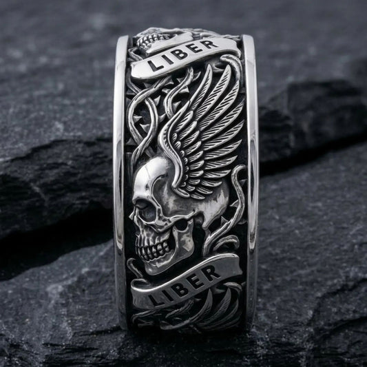 Winged Skull LIBER Biker Ring
