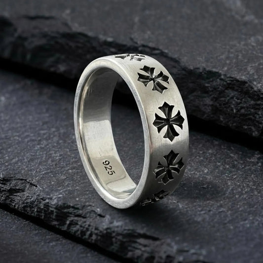 Gothic Cross Band Ring handcrafted in solid 925 sterling silver featuring medieval Christian symbolism and bold masculine statement jewelry design.