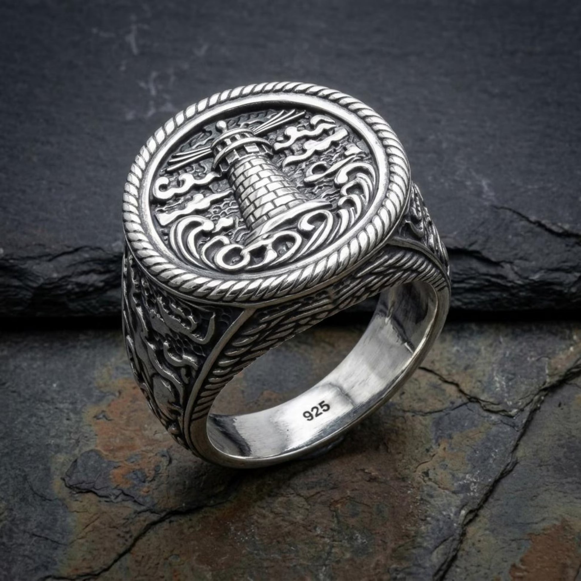 Ocean Inspired Signet Ring showcasing a beautifully sculpted lighthouse design, handcrafted in 925 sterling silver with an authentic oxidized vintage finish.