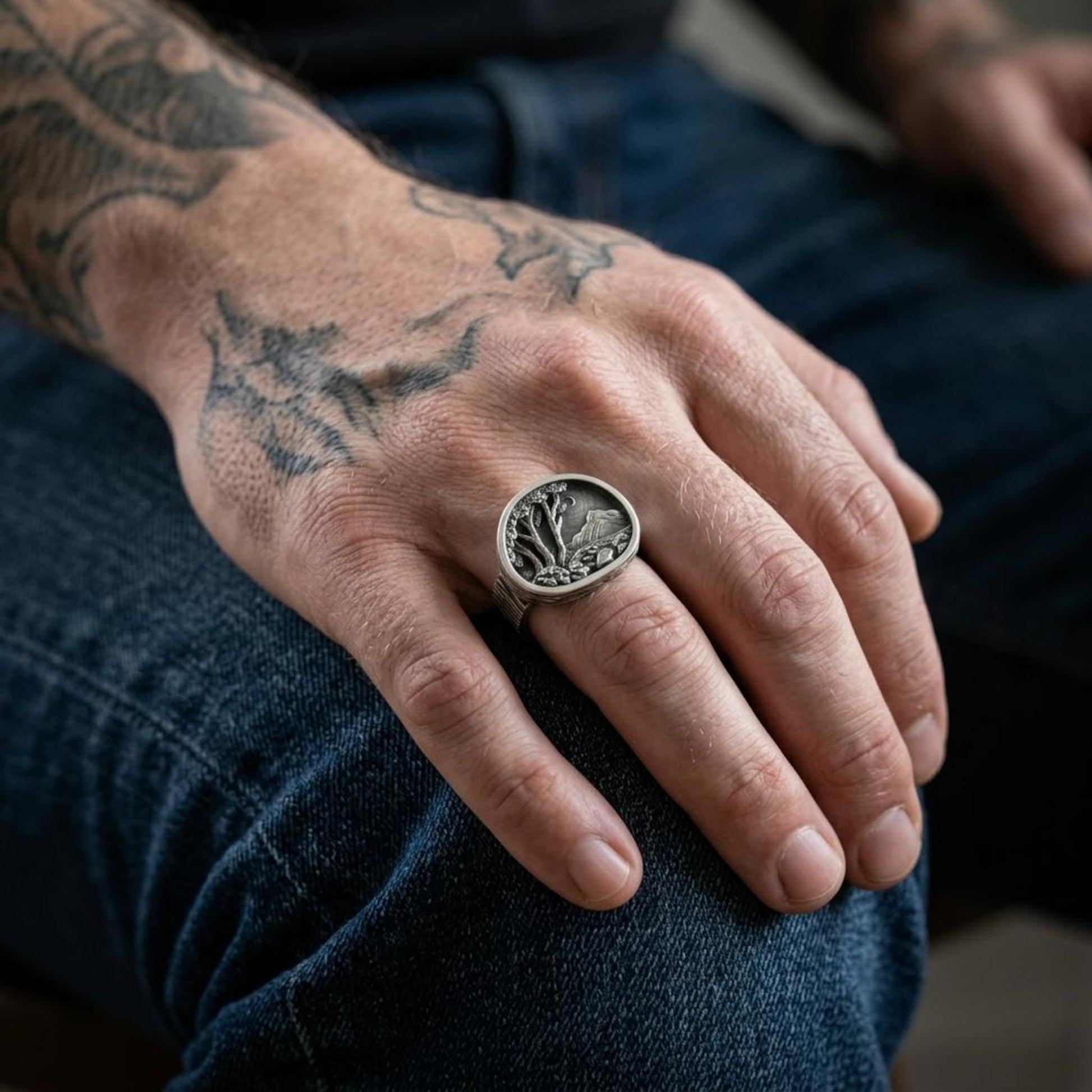 Sterling Silver Nature Ring with an intricately carved outdoor landscape inspired by mountain peaks, forest trails, and breathtaking scenery, designed for hikers, campers, and lovers of handcrafted jewelry.