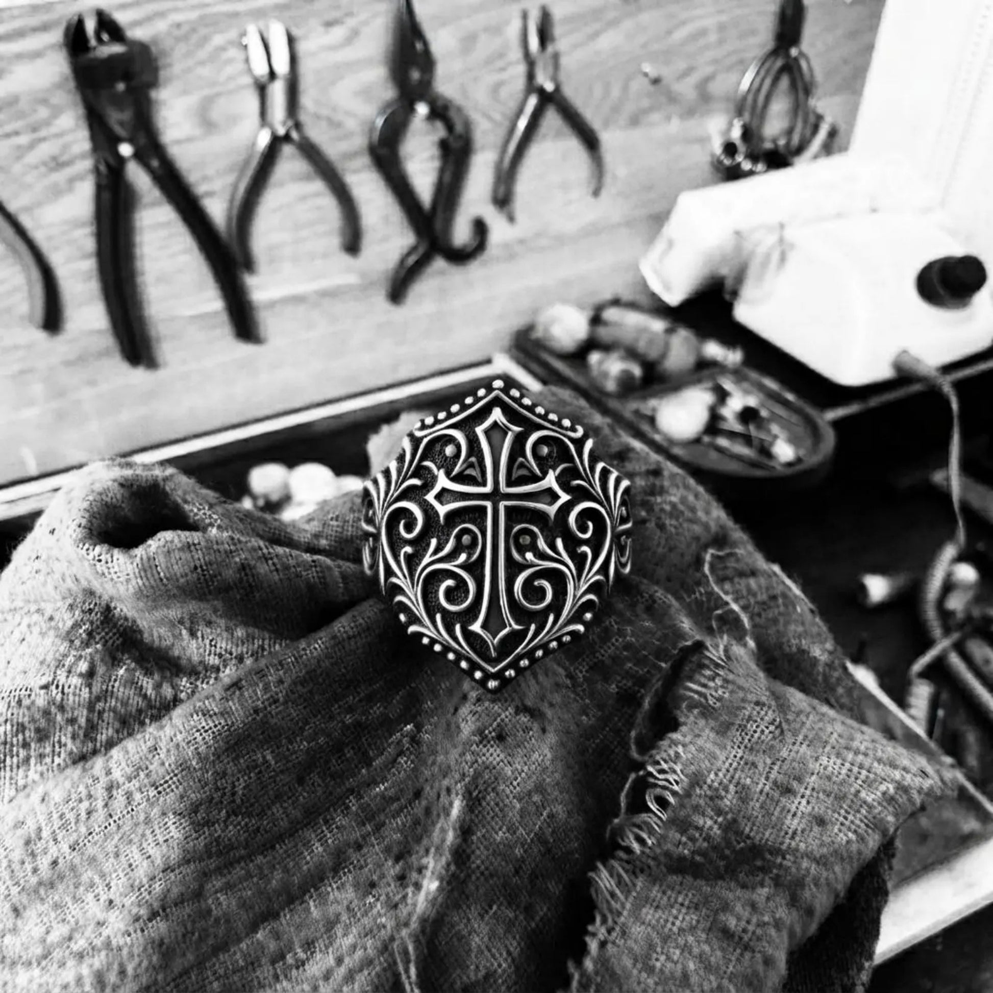 Handmade sterling silver Cross Shield ring with elegant Victorian Gothic engravings, handcrafted religious jewelry representing courage, resilience, devotion, and timeless masculine sophistication.