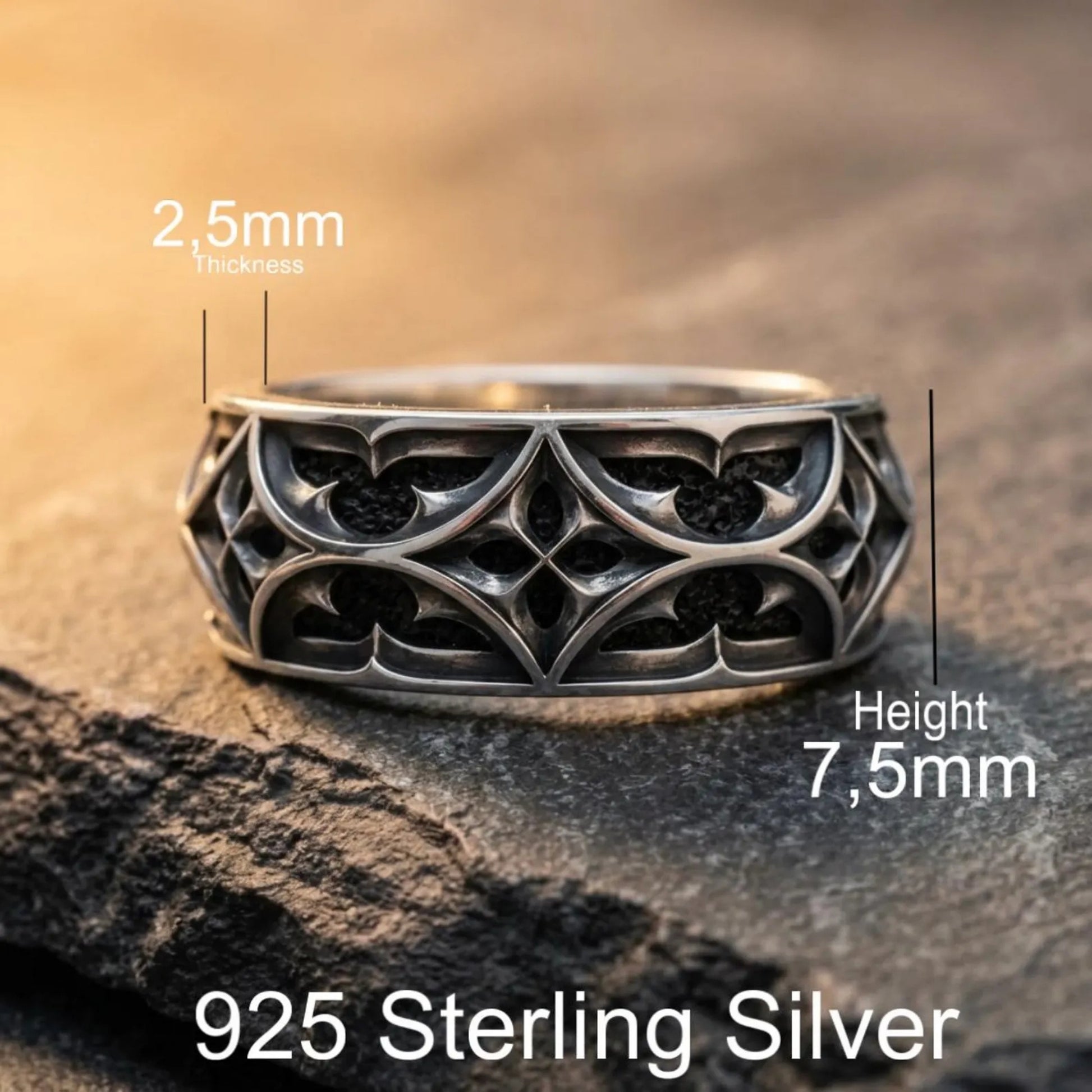Solid 925 Sterling Silver Gothic Band Ring designed with traditional medieval ornament details, making it an ideal wedding band, promise ring, or anniversary gift.