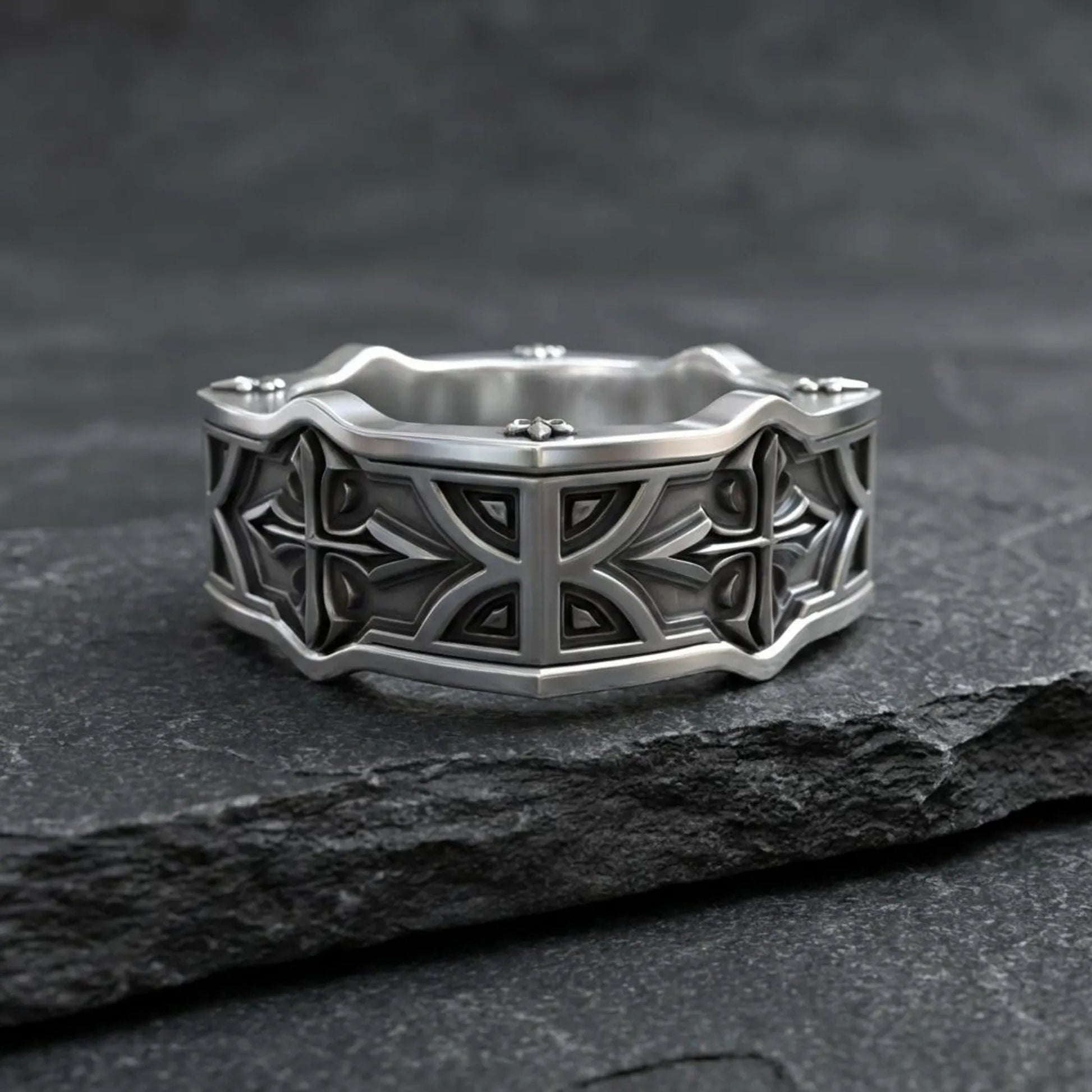 Vintage style gothic cross sterling silver ring with fleur de lis heraldic design, meaningful Christian faith ring for men with bold oxidized finish